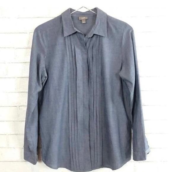 J. Jill Tuxedo Pleat Chambray Button Down tunic shirt blouse size Medium - Picture 1 of 12